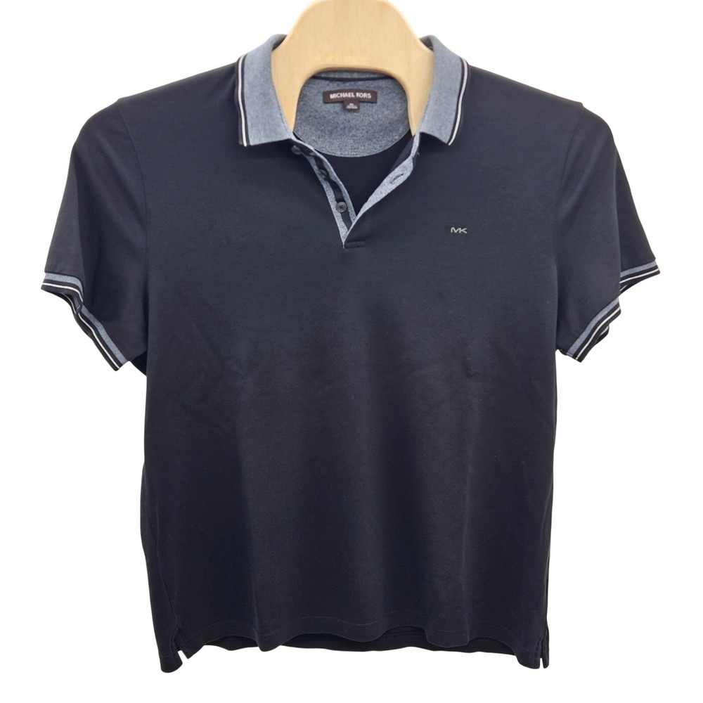 Michael Kors Mens XL Black Cotton Short Sleeve Polo Shirt Grey Tipped Collar MK